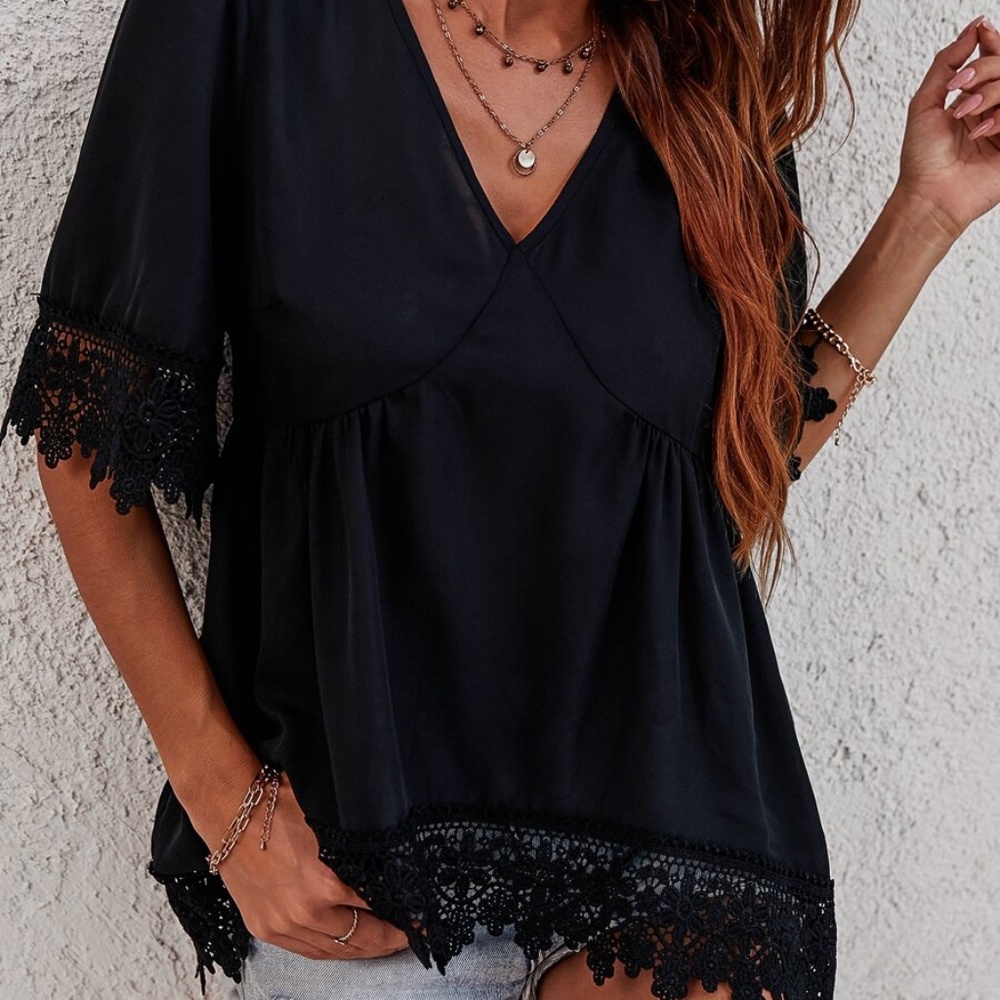 Boho Black Embroidered Floral V neck Top - Picture 2 of 7